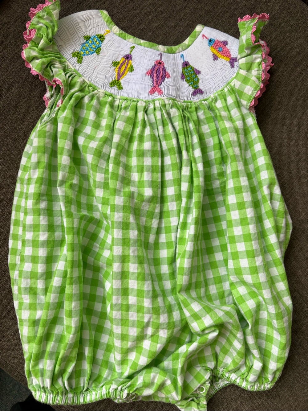 Green Gingham Baby One-Piece with Colorful Fish Embroidery